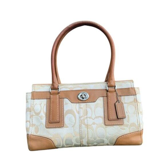 COACH Signature Canvas & Leather Satchel Beige/Khaki – Medium Turnlock Tote - Picture 1 of 9